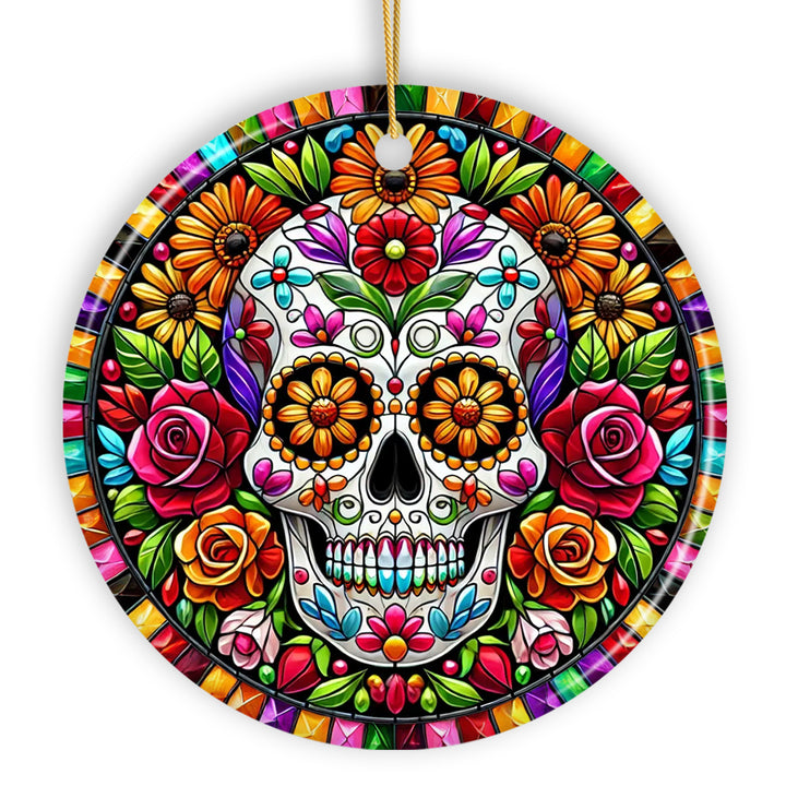 Floral Celebration Sugar Skull Stained Glass Style Ornament, Lush Blossom Christmas Gift and Decor