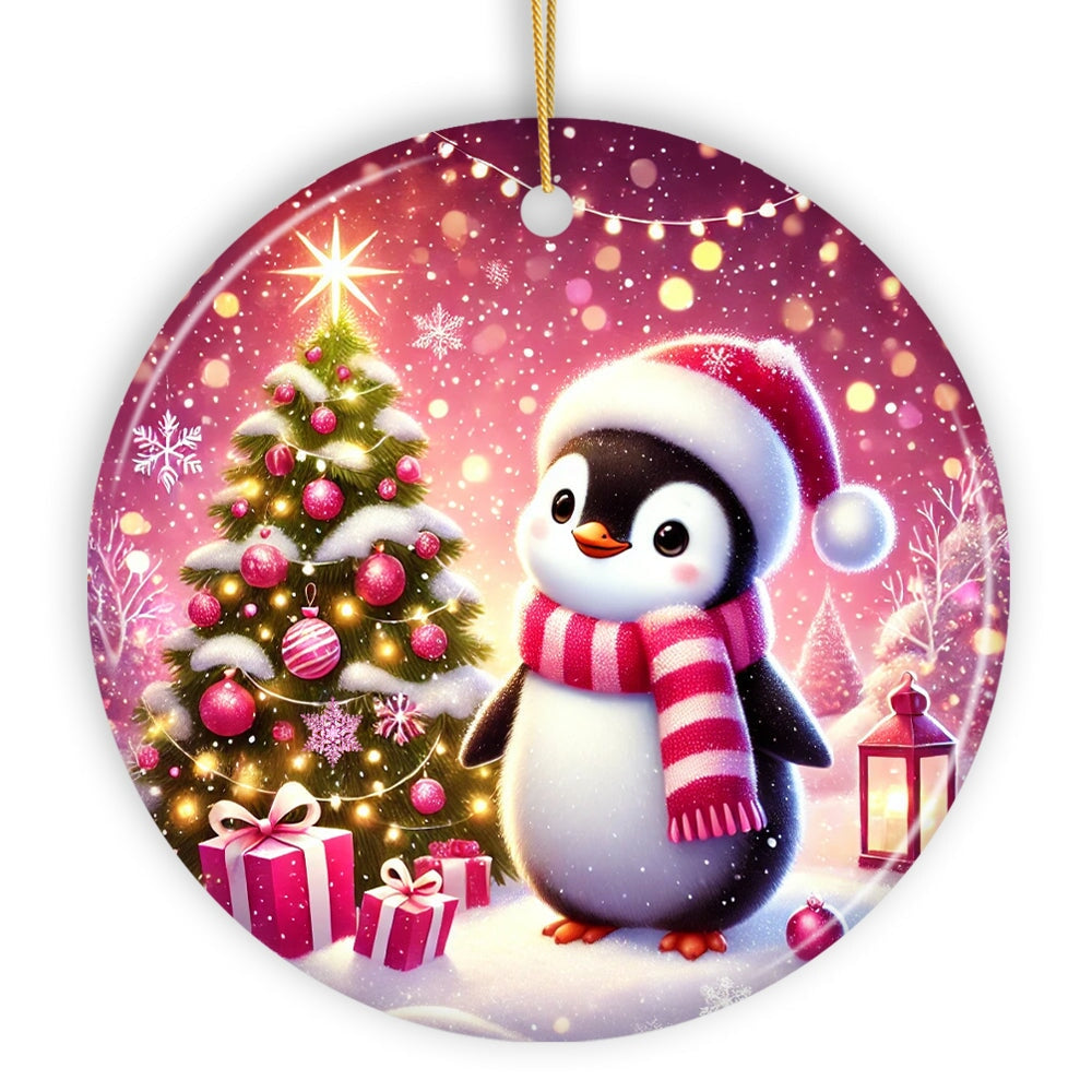Glistening Winter Penguin Pink Themed Ornament, Adorable Arctic Christmas Gift and Decor Ceramic Ornament OrnamentallyYou Circle 