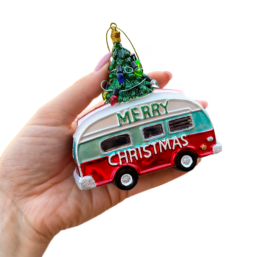 Camping RV Glass Christmas Ornament, Camper Trailer Motorhome Traveler Gift