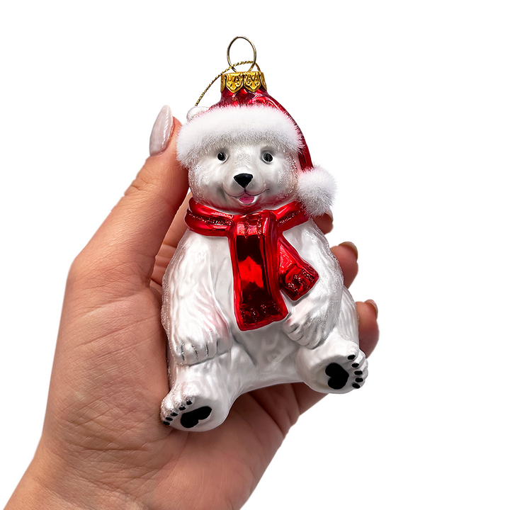 (Pre-Order) Classic White Polar Bear Glass Christmas Ornament