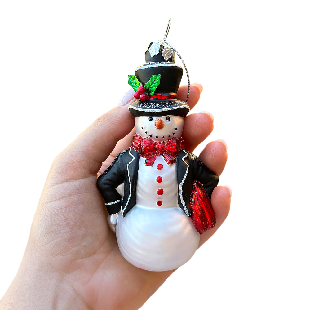 (Pre-Order) Dapper Gentleman Snowman Glass Christmas Ornament, Refined Handblown Holiday Tree Decor