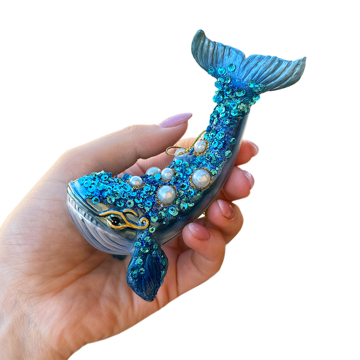 Dazzling Blue Whale Glass Ornament, Glitter and Rhinestones Christmas Decor