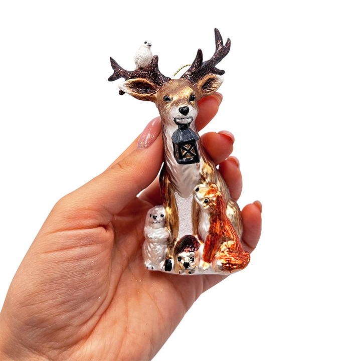 (Pre-Order) Deer with Lantern Glass Christmas Ornament, Woodland Animal Tree Decor