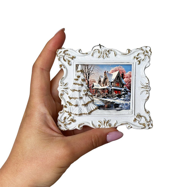Elegant Winter Cottage Portrait Christmas Ornament, Artistic Painting Tree Decor Resin Ornaments OrnamentallyYou 