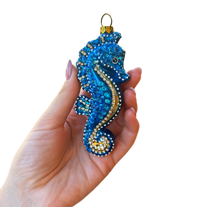 (Pre-Order) Exotic Seahorse Glass Christmas Ornament, Aquatic Beach Themed Nautical Decor