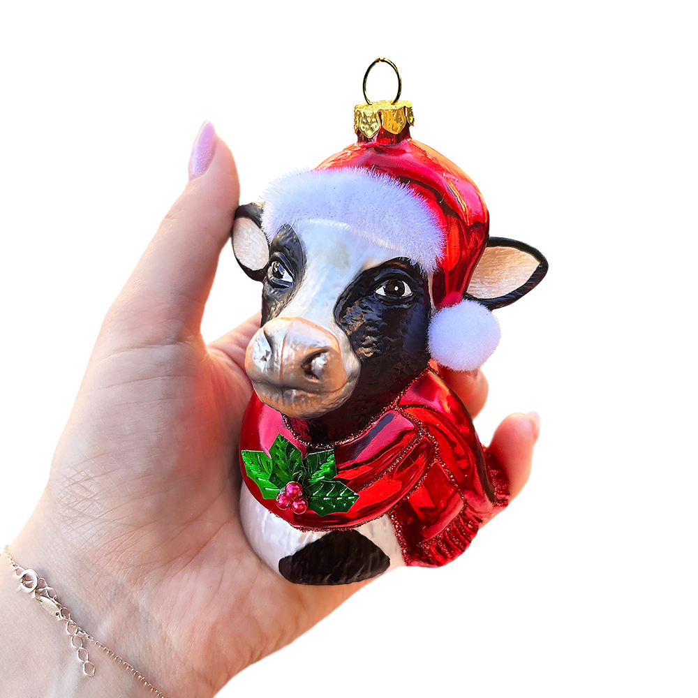 (Pre-Order) Festive Cow in Wreath Blown Glass Christmas Ornament, Farmhouse Theme Tree Decoration