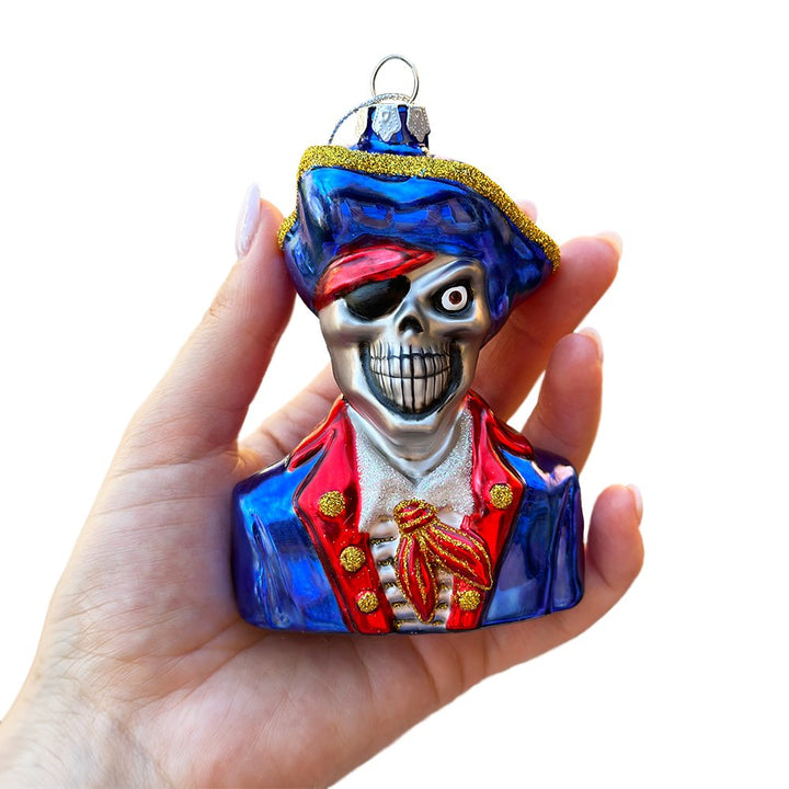 Fierce Pirate Skeleton Glass Ornament, Gothic Skull Ship Captain Spooky Decor Glass Ornament OrnamentallyYou 