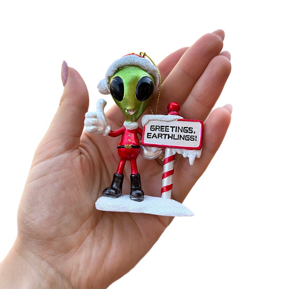 Greetings Earthlings Alien Ornament, Unique UFO Christmas Decor Resin Ornaments OrnamentallyYou 