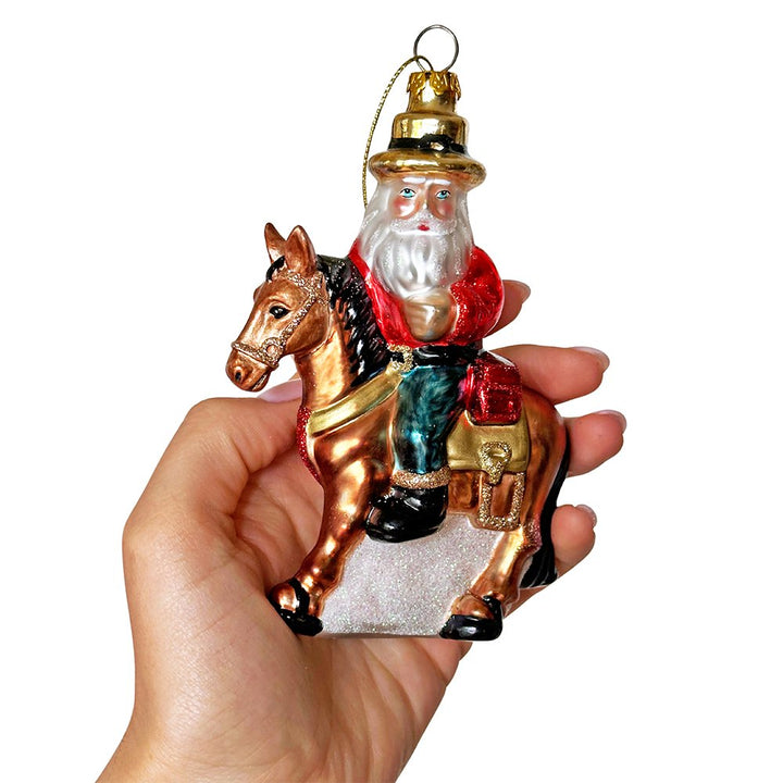 Hardy Wild Western Cowboy Santa Glass Christmas Ornament, Vintage Horse Ridin Farm Style Decor Glass Ornament OrnamentallyYou 