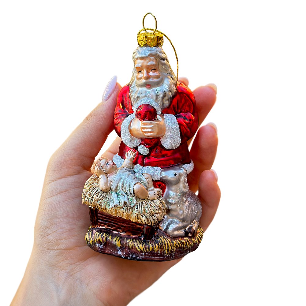 Innocent Santa and Baby Jesus Handblown Glass Christmas Ornament, Nativity Christian Holiday Decor Glass Ornament OrnamentallyYou 