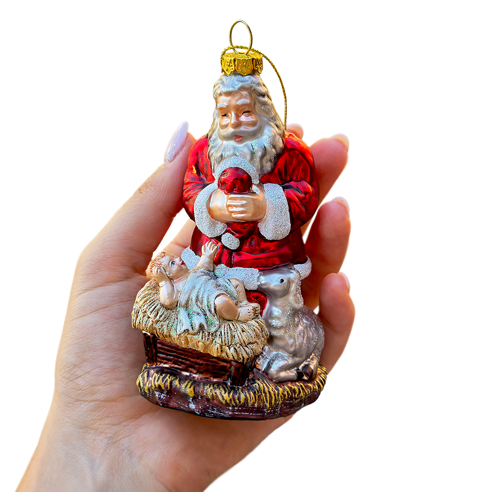 (Pre-Order) Innocent Santa and Baby Jesus Handblown Glass Christmas Ornament, Nativity Christian Holiday Decor