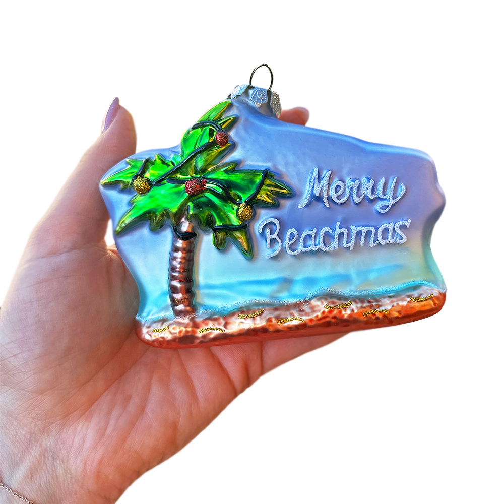 Merry Beachmas Christmas Palm Tree Glass Ornament, Xmas in July Tropical Decor