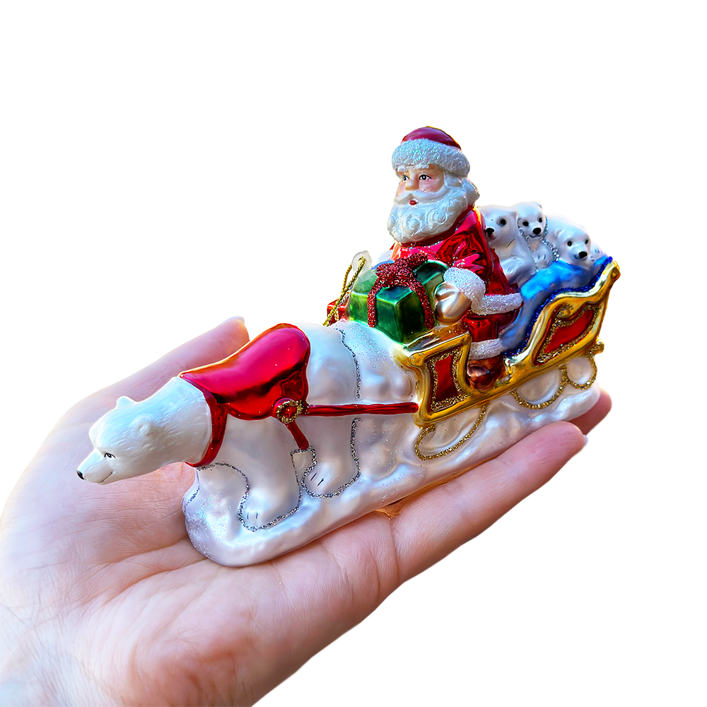 Polar Bear Santa Sleigh Glass Christmas Ornament, Exquisite Handblown Tree Decor