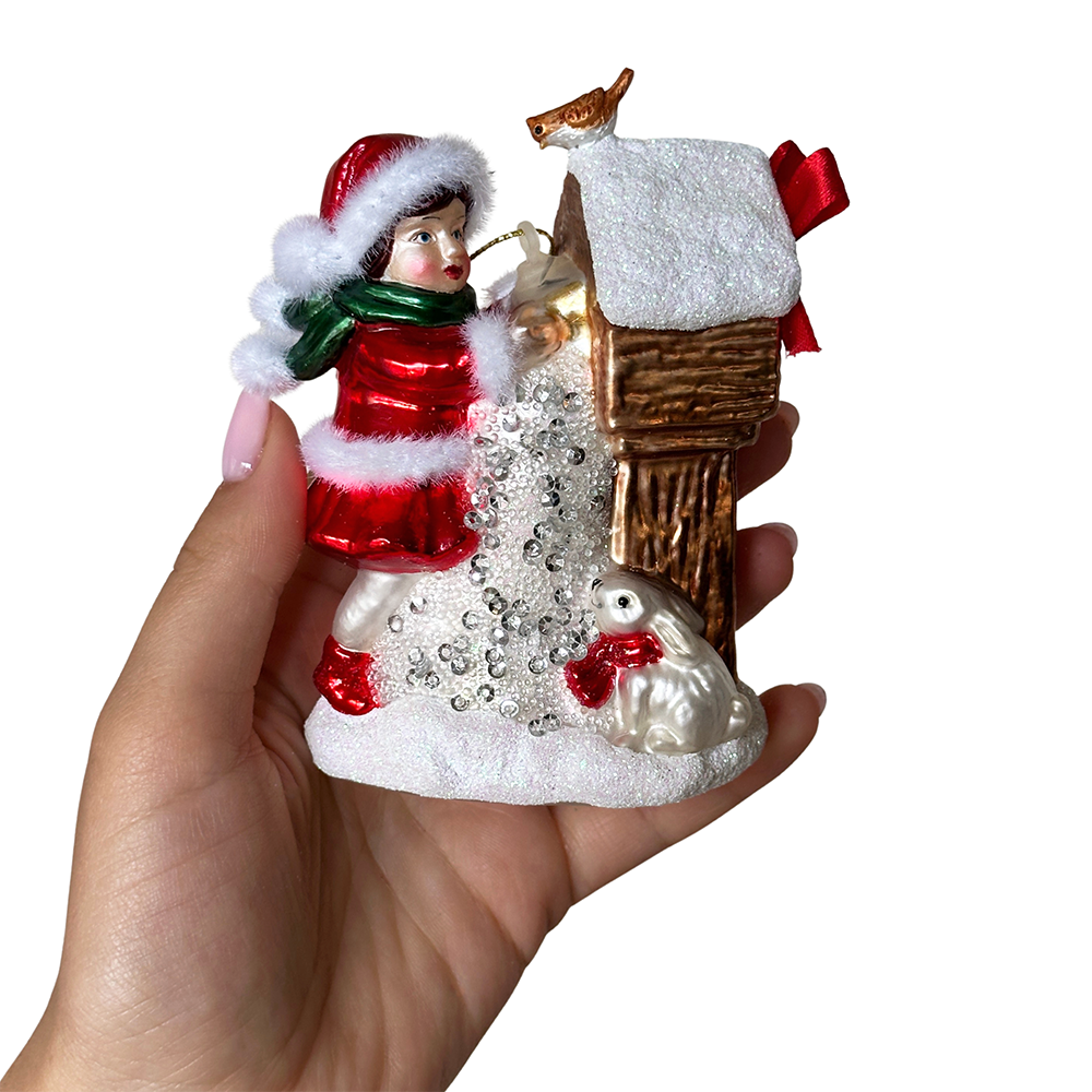 (Pre-Order) Quaint Little Winter Girl Feeding the Birds Glass Christmas Ornament, Cardinal Birdhouse Tree Decor