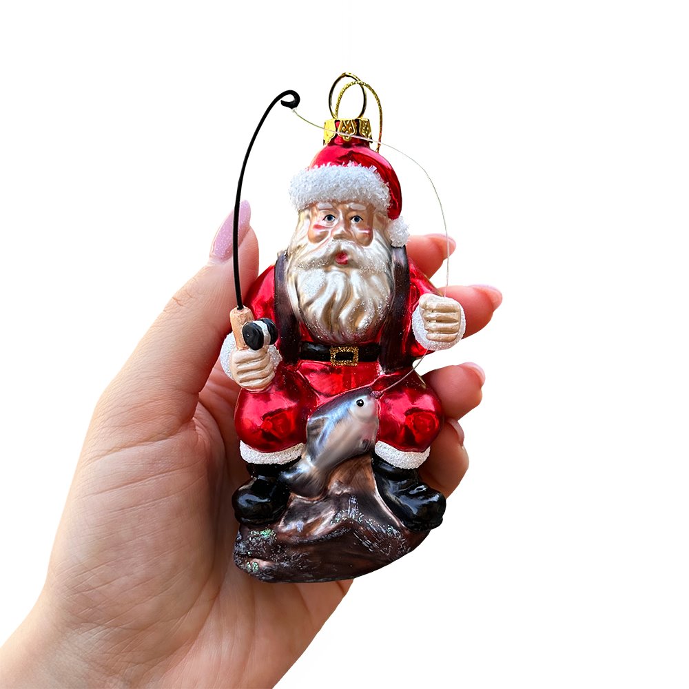 Relaxing Santa Claus Fishing Ornament, Hand Blown Glass Fisherman Gift Decor Glass Ornament OrnamentallyYou 