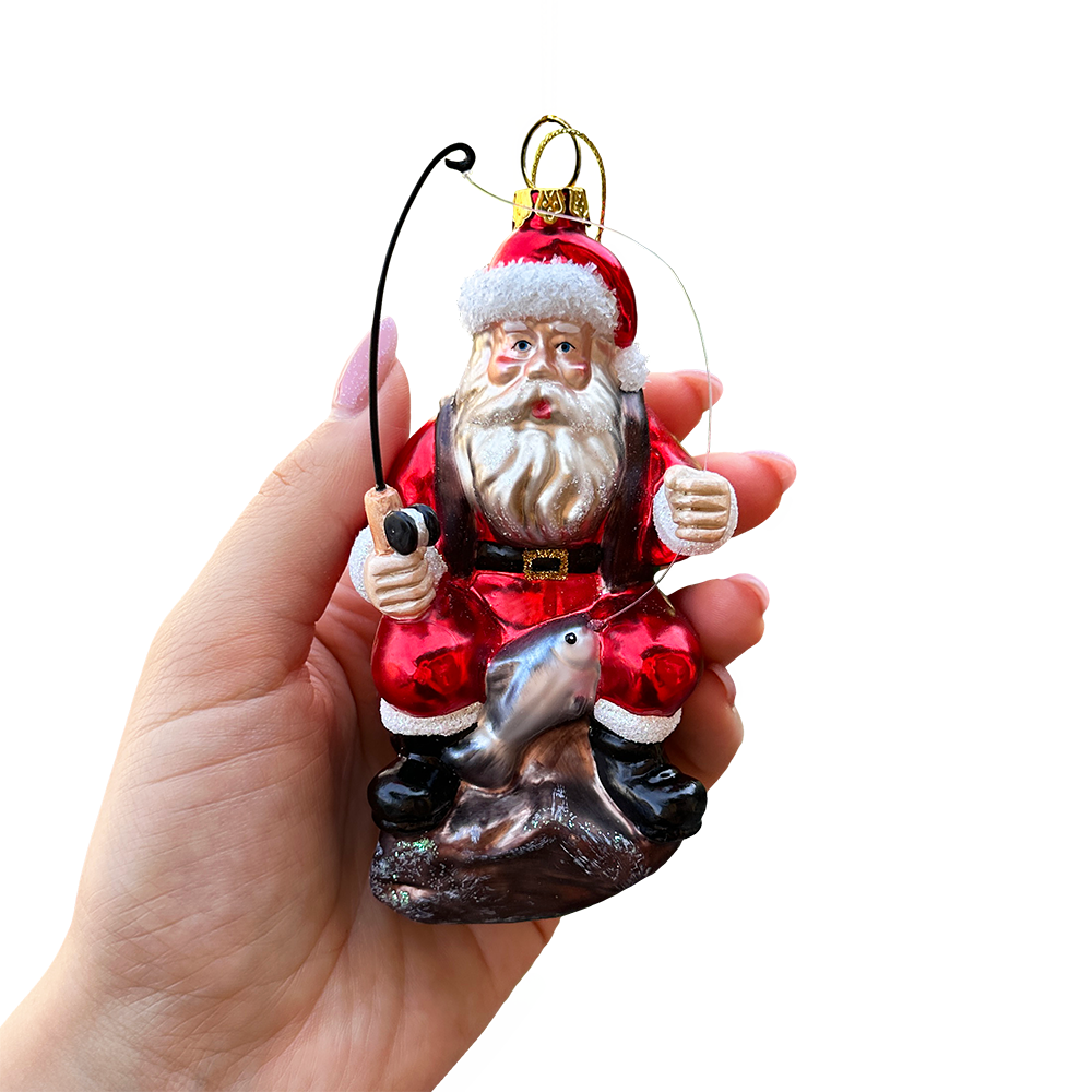 Relaxing Santa Claus Fishing Ornament, Hand Blown Glass Fisherman Gift Decor