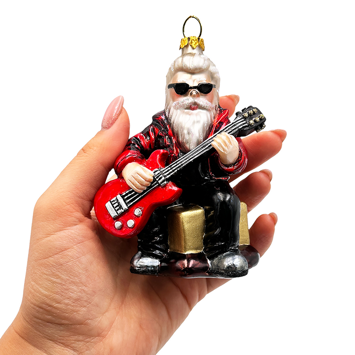(Pre-Order) Rock Guitarist Santa Claus Glass Christmas Ornament, Rocker Musician Gift