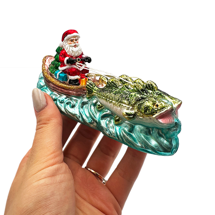 (Pre-Order) Santa's Fishing Adventure Glass Christmas Ornament, Holiday Angler Fish in Sleigh