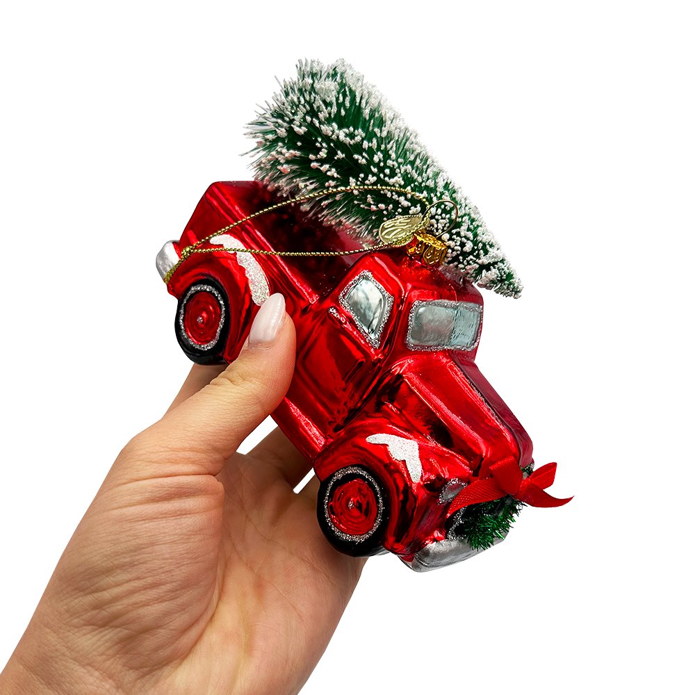 Traditional Red Truck with Ornamental Tree Glass Christmas Ornament Glass Ornament OrnamentallyYou 