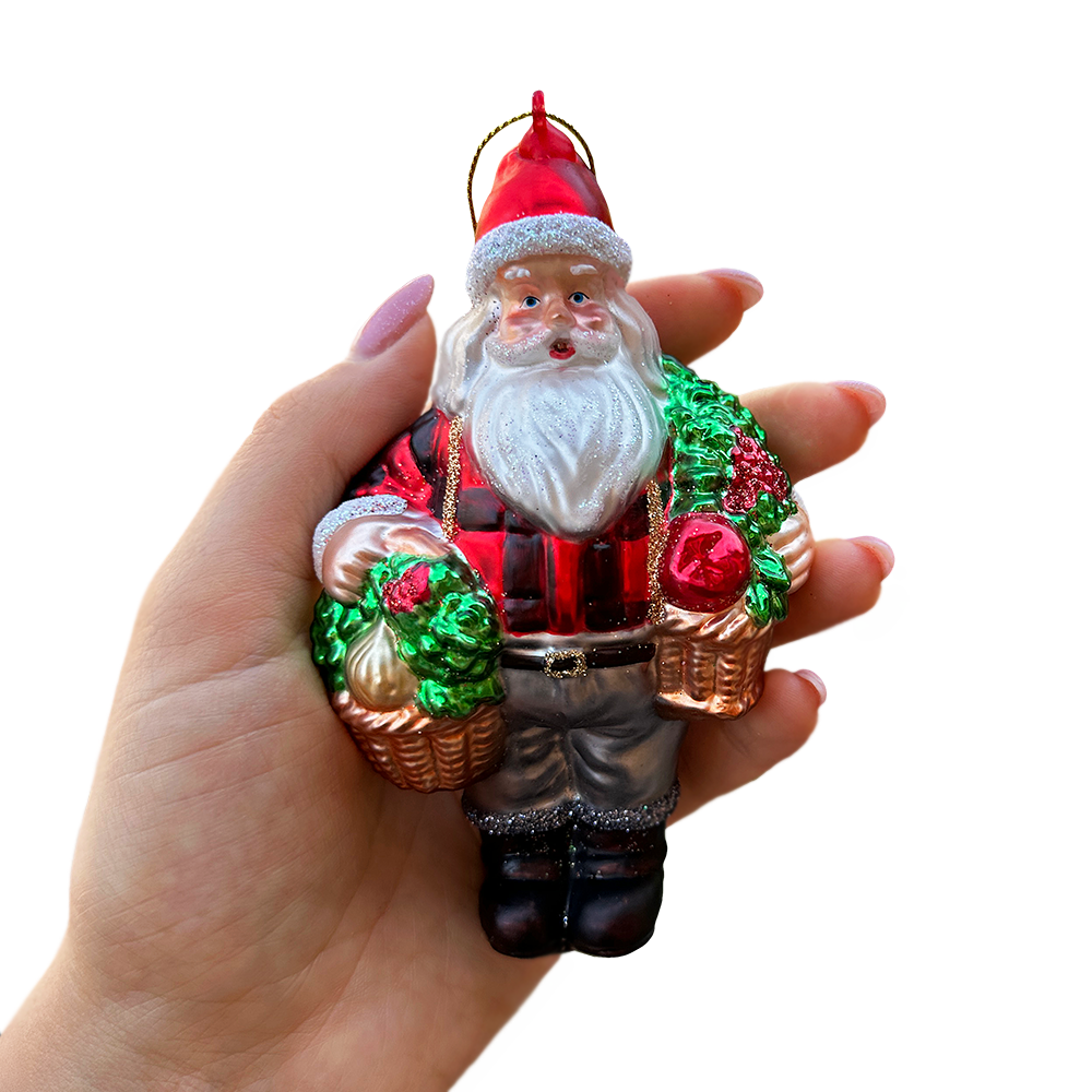 (Pre-Order) Wholesome Santa the Vegetable Farmer Glass Christmas Ornament, Farm Style Holding Potatoes, Lettuce, and Tomatoes