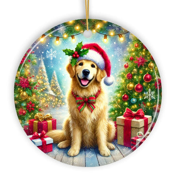 Majestic Golden Retriever with Santa Hat Ornament, Delightful Christmas Gift and Decor Ceramic Ornament OrnamentallyYou Circle 
