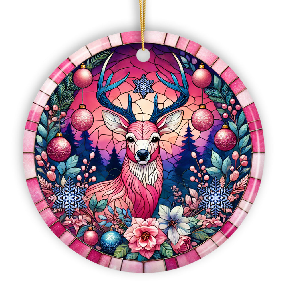 Mystical Yuletide Deer Pink Themed Ornament, Elegant Christmas Tree Decor