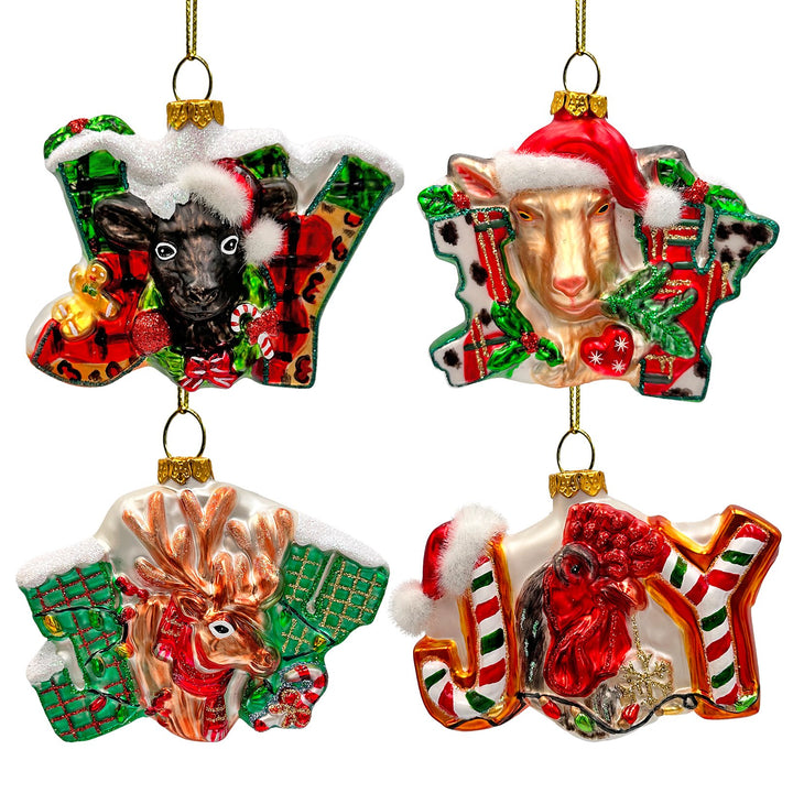 Farm Filled with Joy Set of 4 Glass Christmas Ornaments, Goat, Chicken, Calf and Deer Tree Decorations Ornament Bundle OrnamentallyYou 