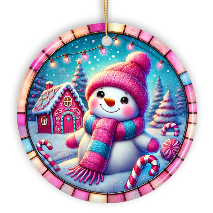 Snowman Candyland Pink Themed Ornament, Gift for Cozy Christmas Winter Wonderland