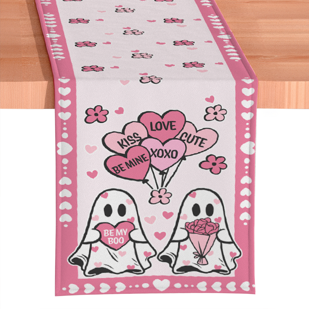 Valentine Ghost 72" Jacquard Table Runner, High Quality Holiday Rectangle Tablecloth with Cute Lovers