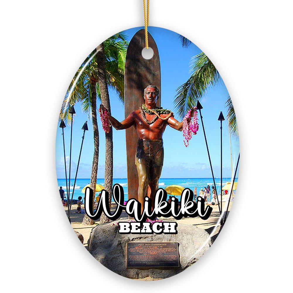 Waikiki Beach Hawaiian Paradise Ornament, Pacific Island Cultural Christmas Gift and Souvenir Ceramic Ornament OrnamentallyYou Oval 