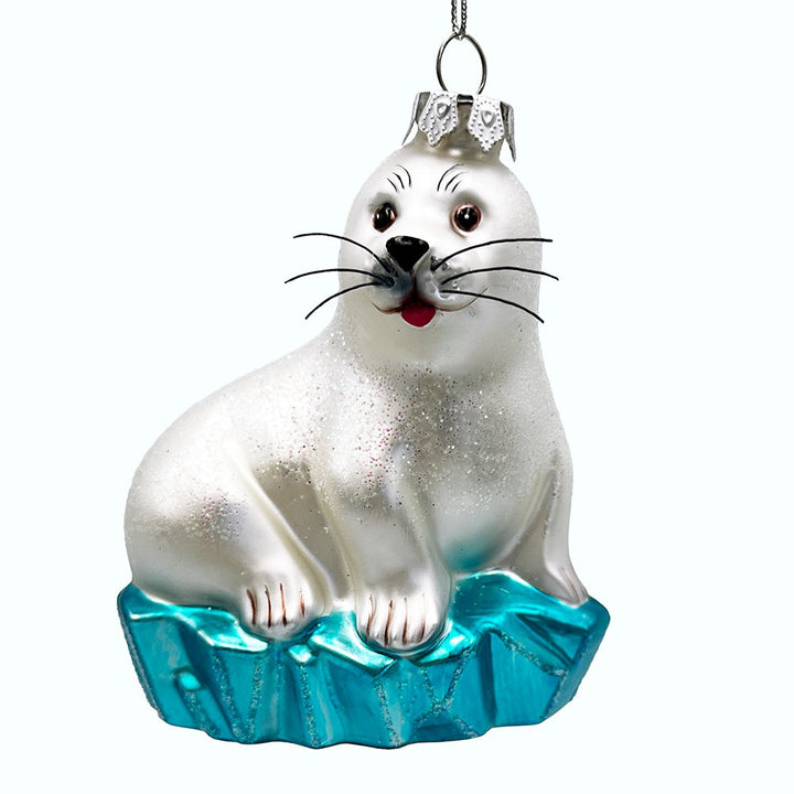 White Seal on a Glacier Glass Christmas Ornament, Pinnipeds and Sea Lion Themed Decor Glass Ornament OrnamentallyYou 