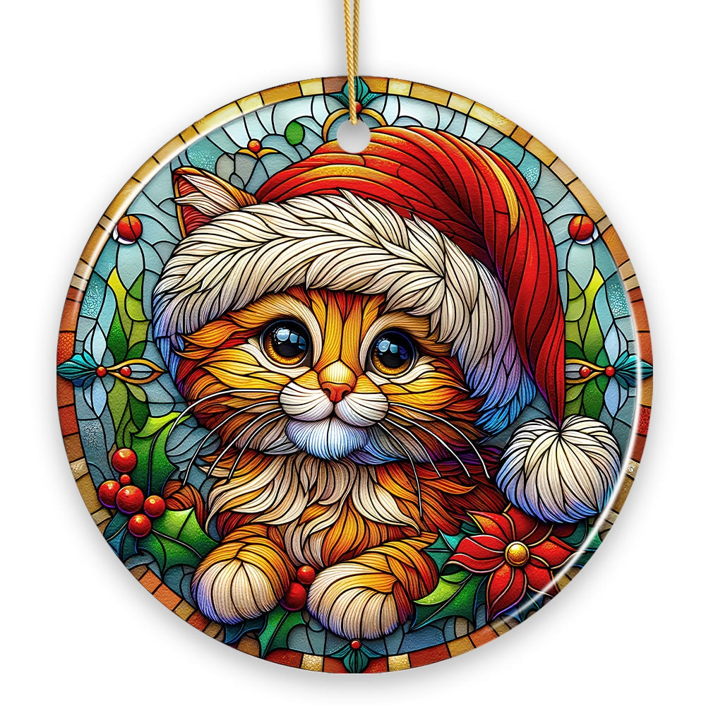 Adorable Cat in Santa Hat Stained Glass Style Ceramic Ornament, Christmas Gift and Decor Ceramic Ornament OrnamentallyYou 