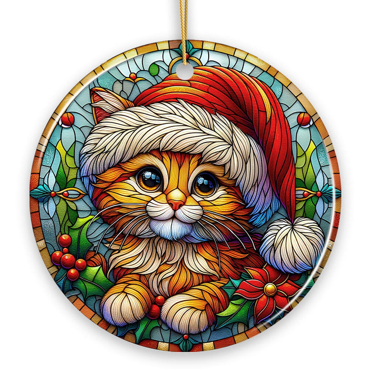 Adorable Cat in Santa Hat Stained Glass Style Ceramic Ornament, Christmas Gift and Decor Ceramic Ornament OrnamentallyYou 