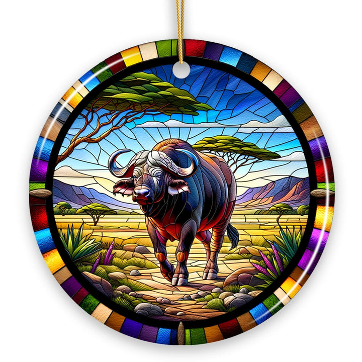 African Buffalo Wildlife Encounter Stained Glass Style Ceramic Ornament, Safari Animals Christmas Gift and Decor Ceramic Ornament OrnamentallyYou 