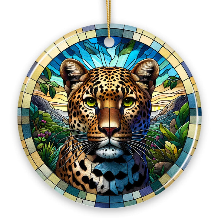African Leopard Expedition Stained Glass Style Ceramic Ornament, Safari Animals Christmas Gift and Decor Ceramic Ornament OrnamentallyYou Circle Version 1 