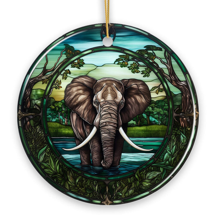 African Pachyderm Elephant Stained Glass Style Ceramic Ornament, Safari Animals Christmas Gift and Decor Ceramic Ornament OrnamentallyYou 