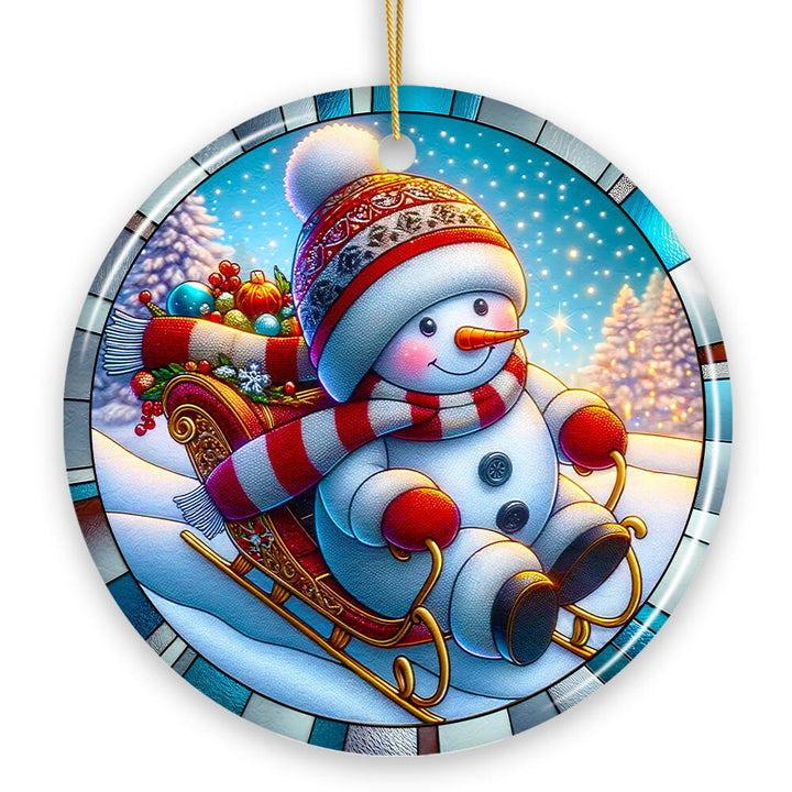 Arctic Sleigh Snowman’s Magical Ride Christmas Ornament, Handmade Frosty Winter Gift Ceramic Ornament OrnamentallyYou 