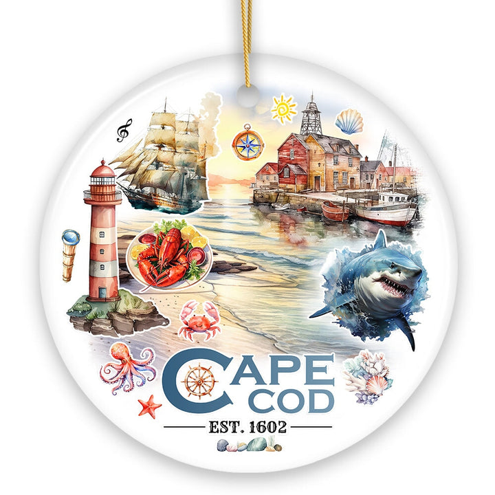 Artistic Cape Cod Exhibit Ornament, Massachusetts Landmark and Souvenir Gift Ceramic Ornament OrnamentallyYou 