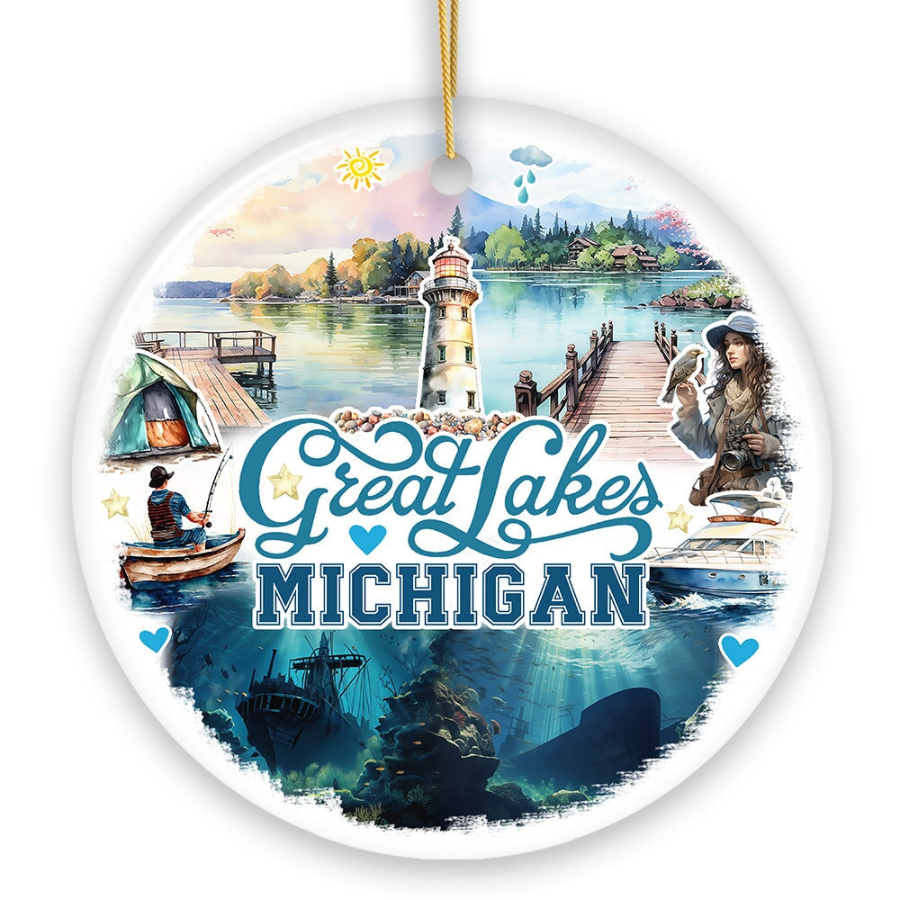 Artistic Great Lakes Michigan State Ornament, Ceramic Landscapes and Travel Souvenir and Gift Ceramic Ornament OrnamentallyYou 