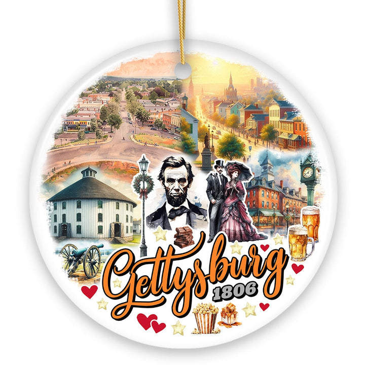 Artistic Historical Gettysburg Town Vintage Ornament, Pennsylvania Battlefield Civil War Heritage and Abe Lincoln Ceramic Ornament OrnamentallyYou 