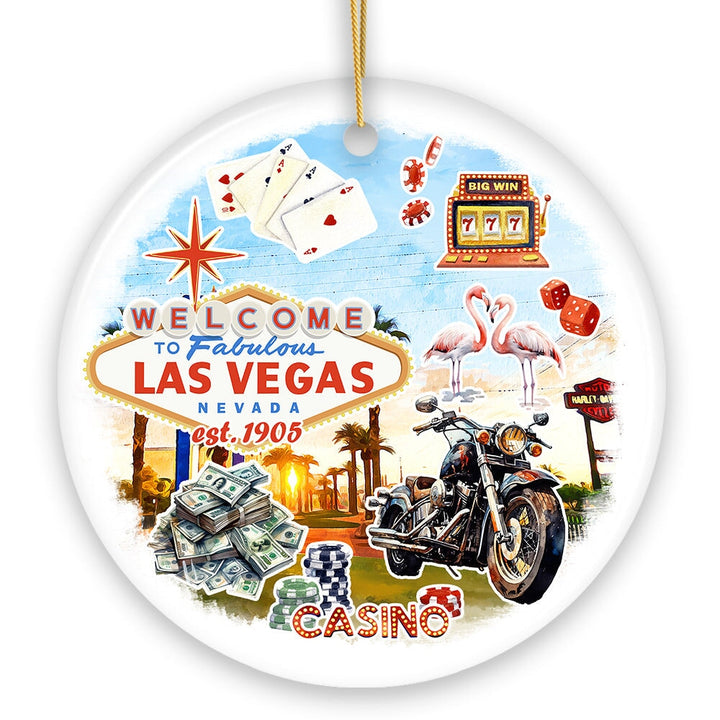 Artistic Las Vegas Collage Art Ceramic Ornament, Slot Machines Cards and Casino Travel Souvenir Ceramic Ornament OrnamentallyYou 