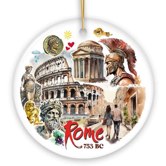 Artistic Rome Landmark Collage Ornament, Italy Christmas Gift with Roman Colosseum and Statues Ceramic Ornament OrnamentallyYou 
