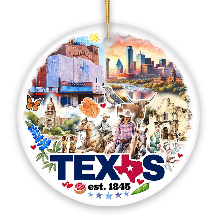 Artistic Watercolor Texas Cultures and Landmarks Ceramic Ornament, Travel Gift and Christmas Tree Decor Ceramic Ornament OrnamentallyYou 