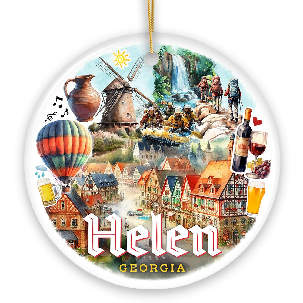 Artistically Vibrant Helen Town Christmas Ornament, Georgia Bavarian-style Village Souvenir Ceramic Ornament OrnamentallyYou 
