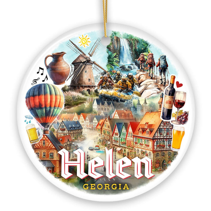Artistically Vibrant Helen Town Christmas Ornament, Georgia Bavarian-style Village Souvenir Ceramic Ornament OrnamentallyYou 
