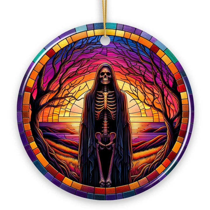 Bony Fright Halloween Skeleton Decor Stained Glass Style Ceramic Ornament, Halloween Themed Christmas Gift and Decor Ceramic Ornament OrnamentallyYou 