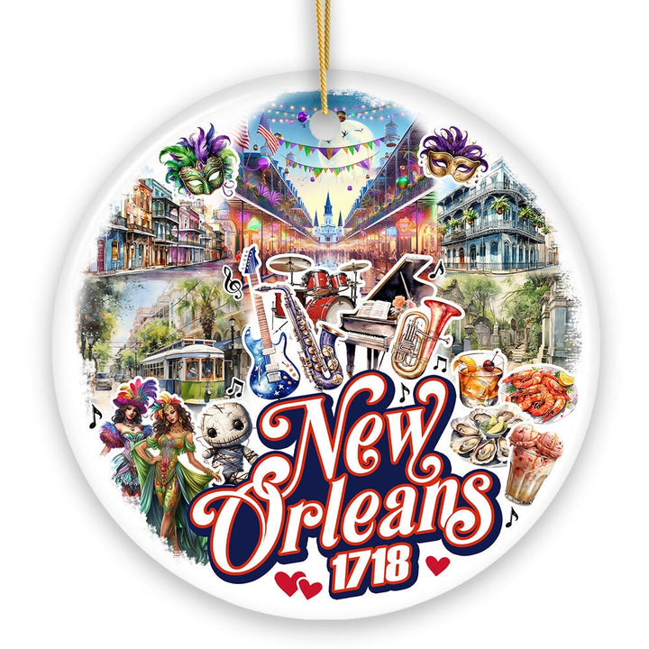 Classically Festive New Orleans Handcrafted Ornament, Mardi Gras Souvenir and Louisiana Christmas Gift Ceramic Ornament OrnamentallyYou Circle 
