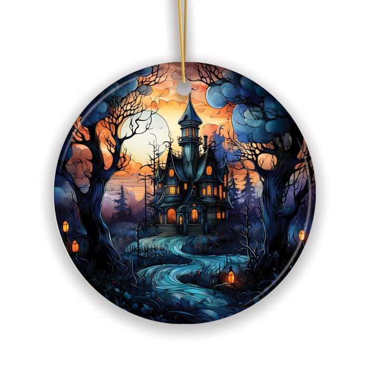 Dark and Gloomy Haunted House Stained Glass Style Ceramic Ornament, Halloween Themed Christmas Gift and Decor Ceramic Ornament OrnamentallyYou 