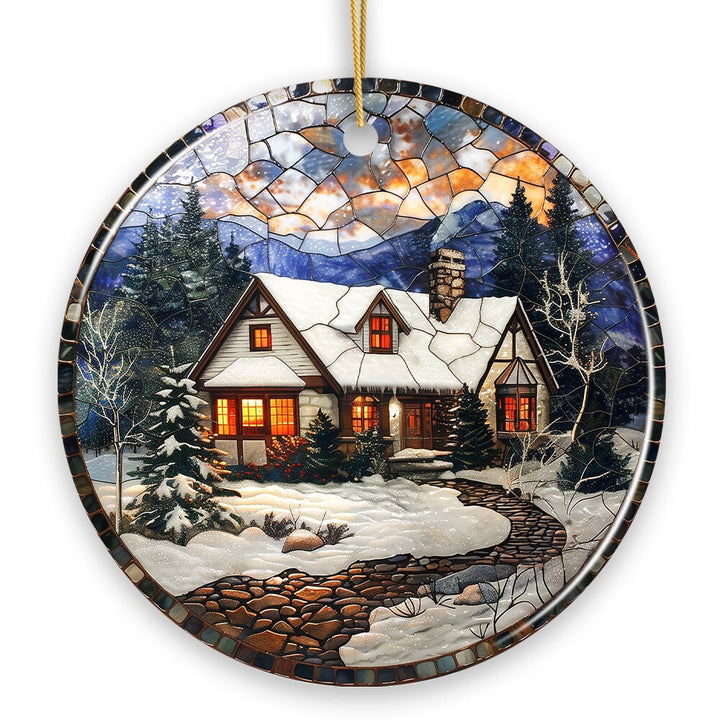 Elegant Rustic Winter Cabin Stained Glass Themed Ceramic Christmas Ornament, Vintage Tree Decoration Ceramic Ornament OrnamentallyYou Versions Version 1 