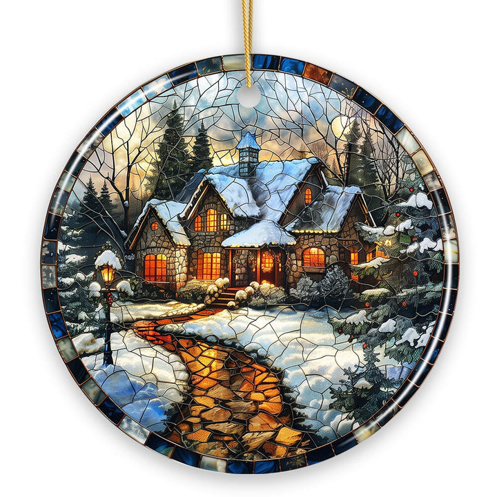 Elegant Rustic Winter Cabin Stained Glass Themed Ceramic Christmas Ornament, Vintage Tree Decoration Ceramic Ornament OrnamentallyYou 